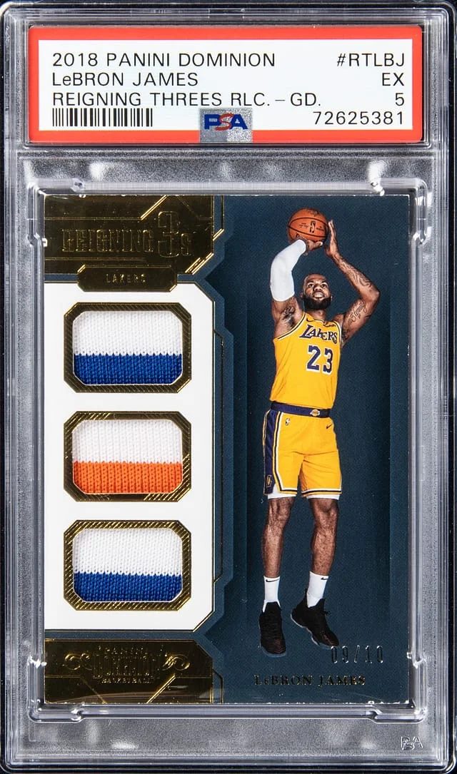 2018-19 Panini LeBron James Dominion Reigning Threes Relics Gold #RT-LBJ card image
