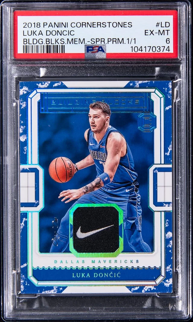 2018-19 Panini Luka Doncic Logo Cornerstones Building Blocks Memorabilia Sapphire Prime #BB-LD card image