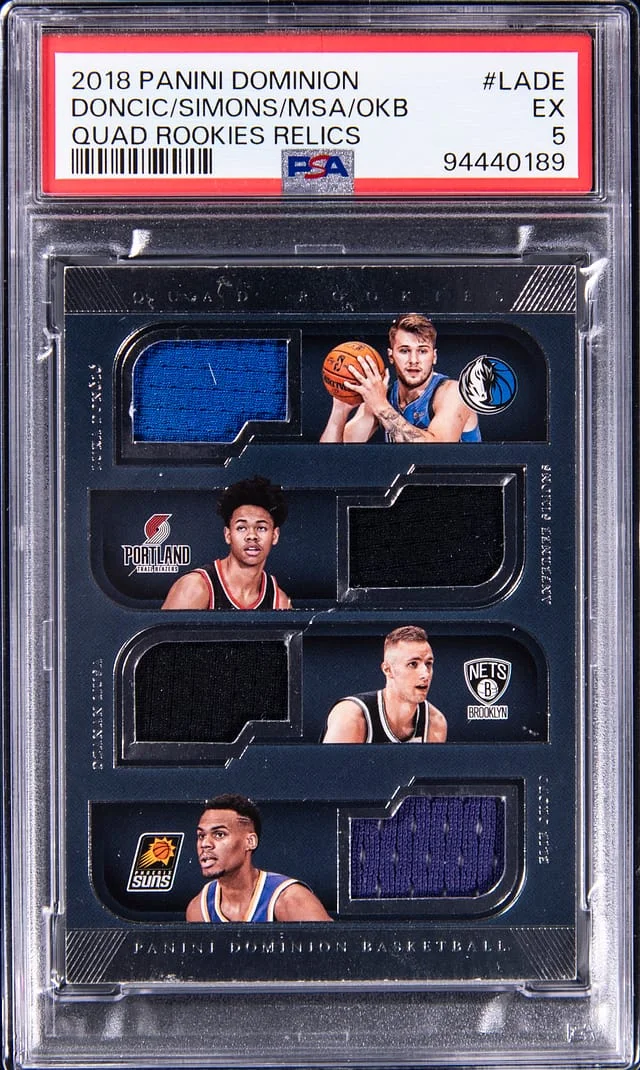 2018-19 Panini Luka Doncic/Anfernee Simons/Dzanan Musa/Elie Okoro Dominion Quad Rookies Relics #QR-LADE card image