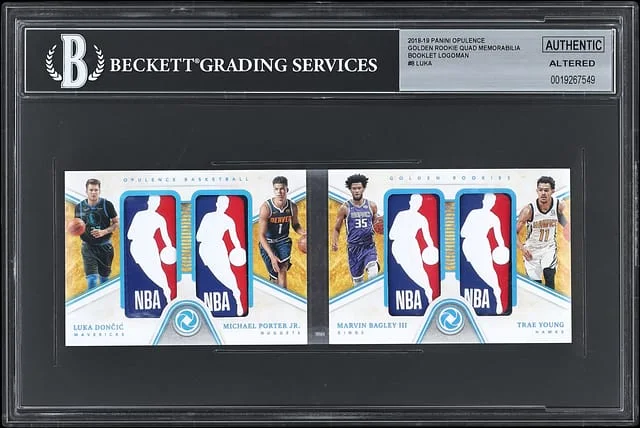 2018-19 Panini Luka Doncic/Trae Young/Michael Porter Jr./Marvin Bagley III Opulence Golden Quad Memorabilia Booklet Logoman #8 card image