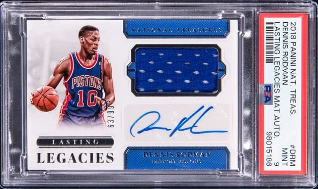 2018-19 Panini National Treasures Dennis Rodman Lasting Legacies Material Autograph #LL-DRM card image