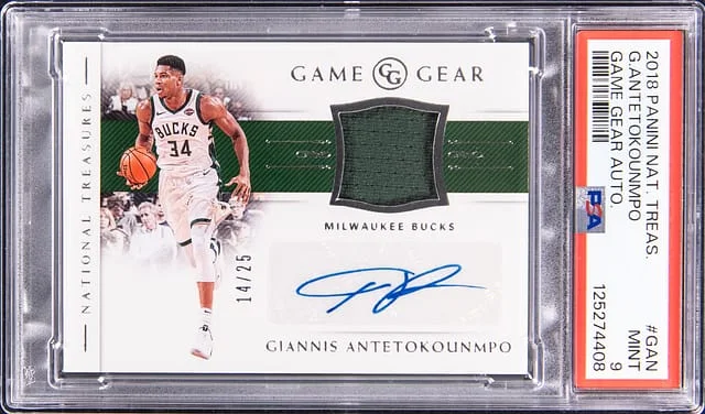 2018-19 Panini National Treasures Giannis Antetokounmpo Game Gear Autograph #GG-GAN card image