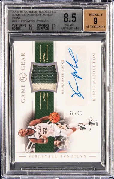 2018-19 Panini National Treasures Khris Middleton Game Gear Jersey Autographs Prime #GG-KMD card image