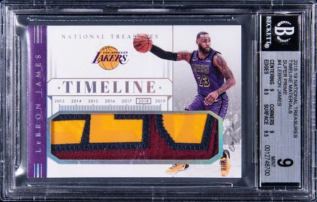2018-19 Panini National Treasures LeBron James Timeline Materials Super Prime #TM-LBJ card image