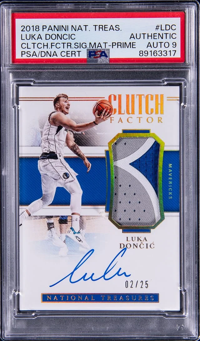 2018-19 Panini National Treasures Luka Doncic Clutch Factor Signature Materials Prime #CF-LDC card image