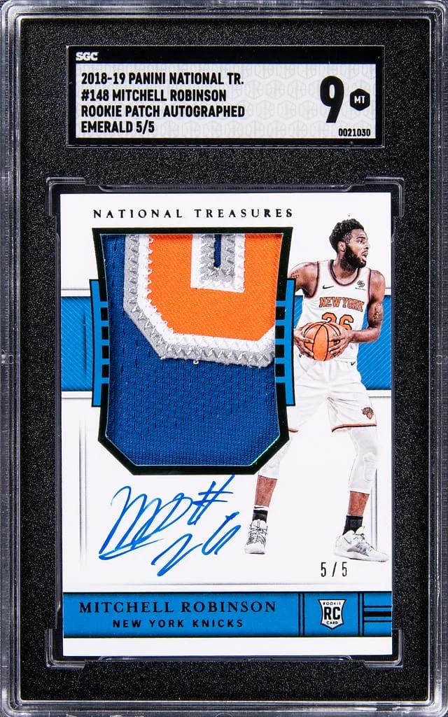 2018-19 Panini National Treasures Mitchell Robinson Emerald Patch Autograph (RPA) #148 card image