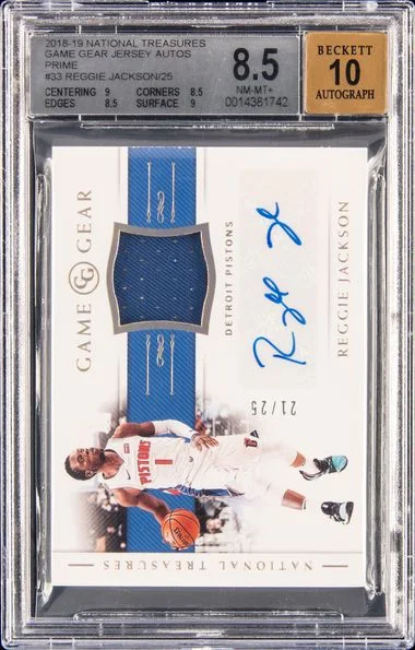 2018-19 Panini National Treasures Reggie Jackson Game Gear Jersey Autographs Prime #GG-RJK card image