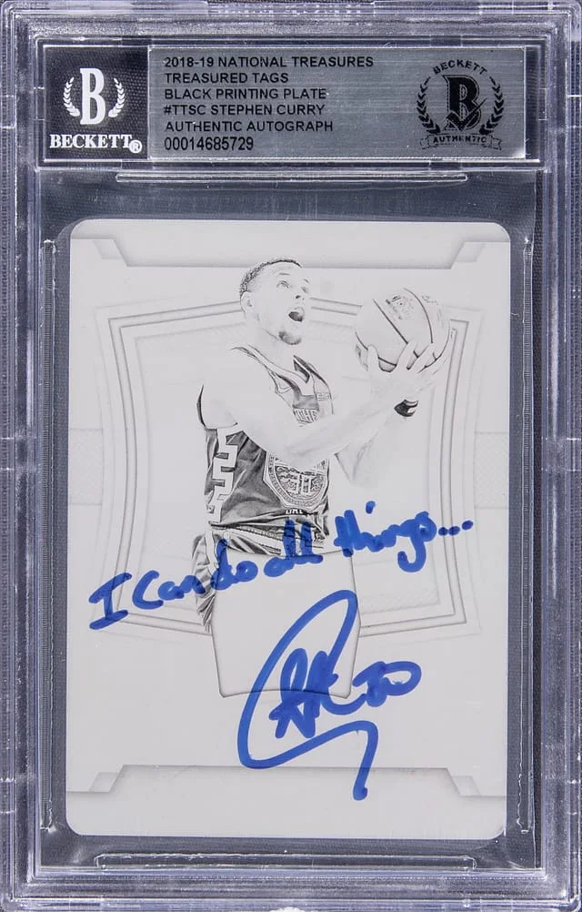 2018-19 Panini National Treasures Stephen Curry Treasured Tags Black Printing Plate #TT-SC card image