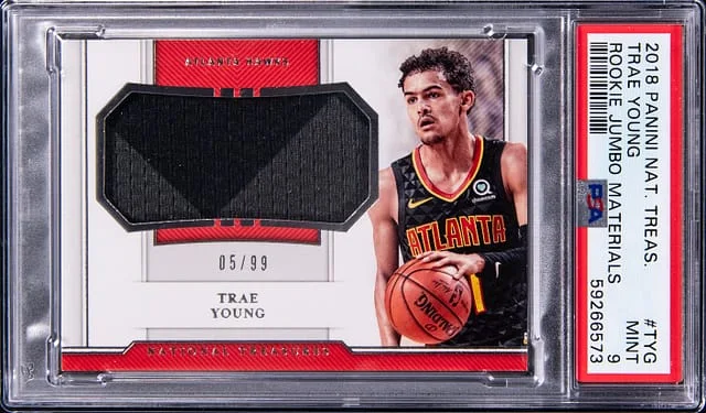 2018-19 Panini National Treasures Trae Young Jumbo Materials #RJ-TYG card image