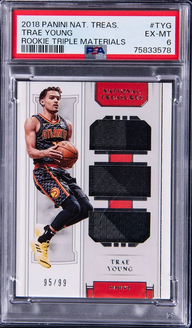 2018-19 Panini National Treasures Trae Young Triple Materials #RT-TYG card image