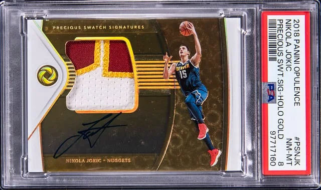 2018-19 Panini Nikola Jokic Opulence Precious Swatch Signature Holo Gold #PS-NJK card image