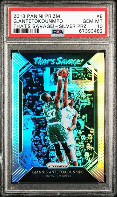 2018-19 Panini Prizm Giannis Antetokounmpo That's Savage! Silver Prizm #8 card image