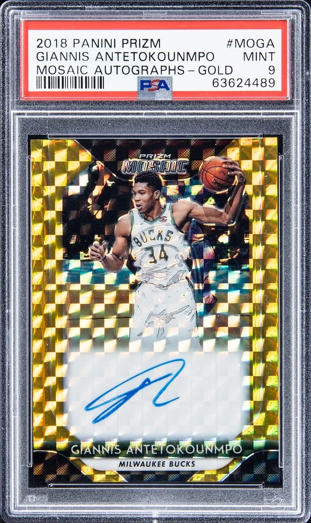 2018-19 Panini Prizm Giannis Antetokounmpo Mosaic Autograph Gold #MO-GA card image