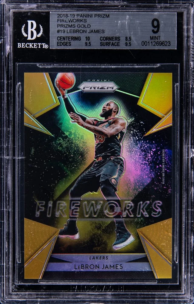 2018-19 Panini Prizm LeBron James Fireworks Gold Prizm #19 card image
