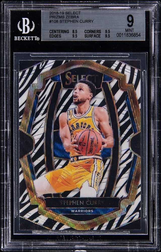 2018-19 Panini Select Stephen Curry Prizms Zebra #108 card image