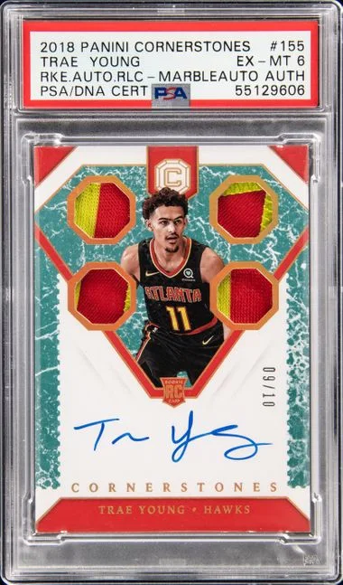 2018-19 Panini Trae Young Cornerstones Autograph Relics-Marble #155 card image