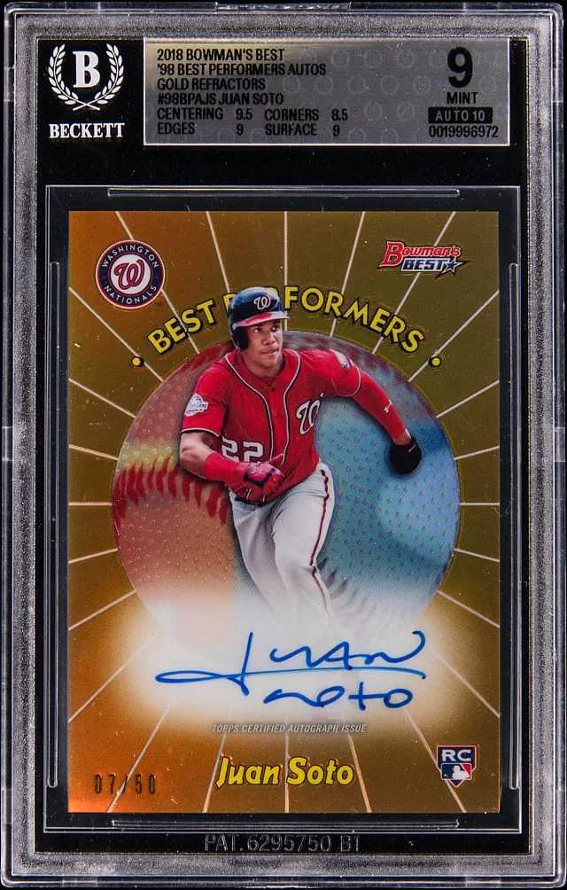 2018 Bowman Best Juan Soto 98 Best Performers Autographs Gold Refractor #98BPA-JS card image
