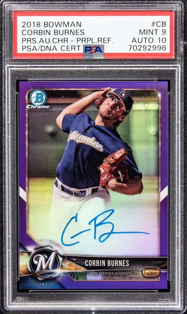 2018 Bowman Chrome Corbin Burnes Prospect Autographs Purple Refractor #CB card image