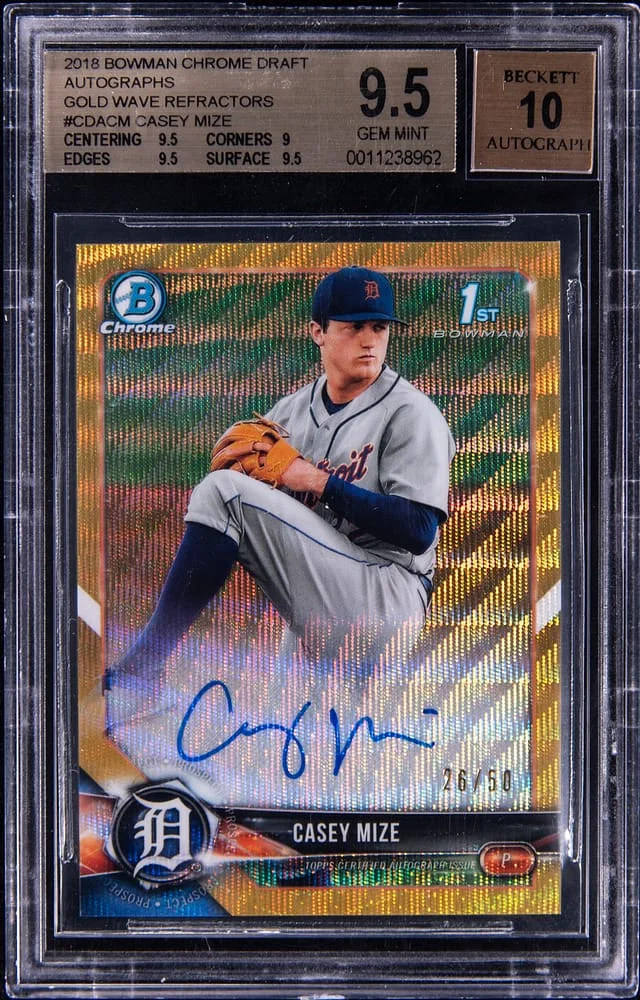 2018 Bowman Chrome Draft Casey Mize Autographs Gold Wave Refractors #CDACM card image