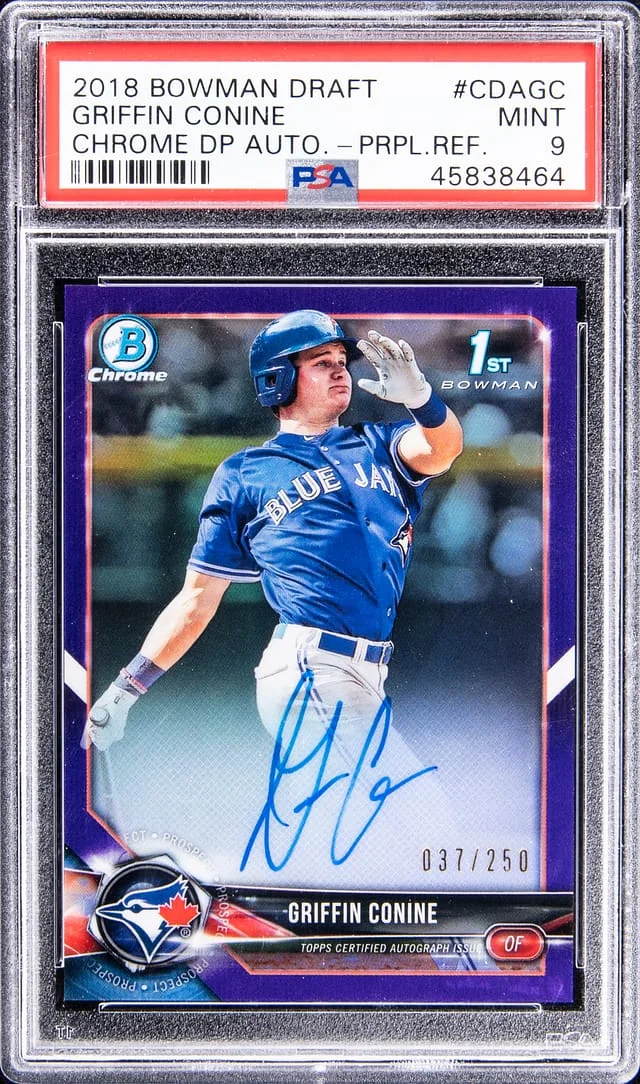 2018 Bowman Chrome Draft Griffin Conine Picks Purple Refractor #CDA-GC card image