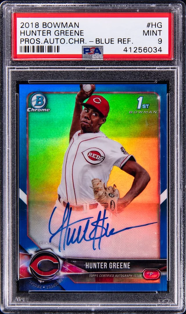 2018 Bowman Chrome Hunter Greene Prospect Autograph Blue Refractor #HG card image