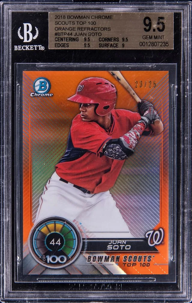 2018 Bowman Chrome Juan Soto Scouts Top 100 Orange Refractors #BTP44 card image