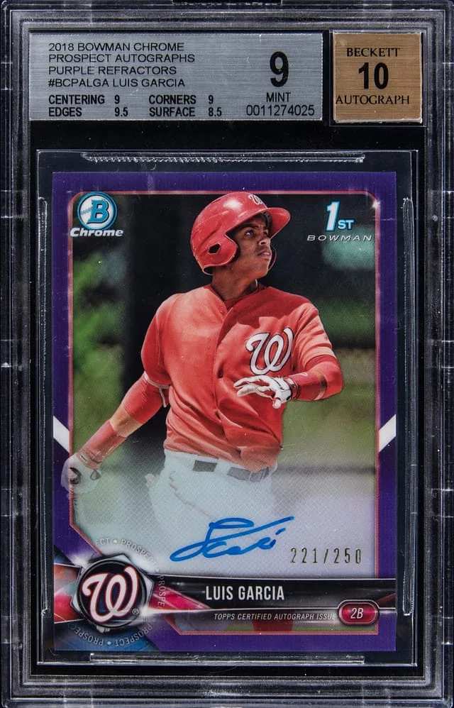 2018 Bowman Chrome Luis Garcia Prospect Autographs Purple Refractor #BCPA-LGA card image