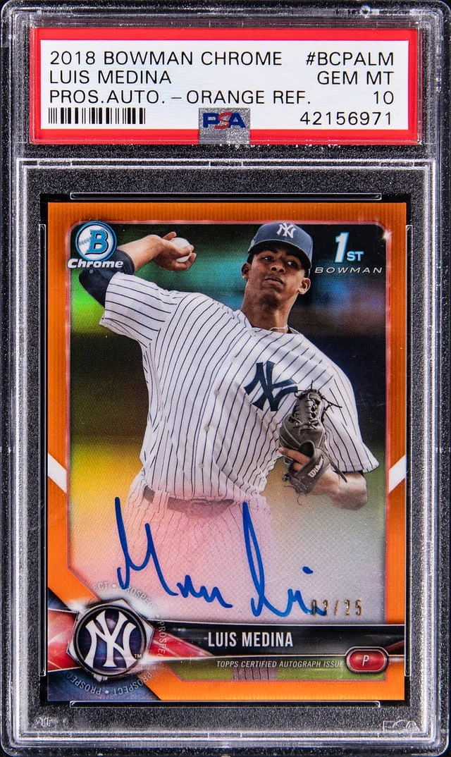 2018 Bowman Chrome Luis Medina Prospect Autograph Orange Refractor #BCPALM card image
