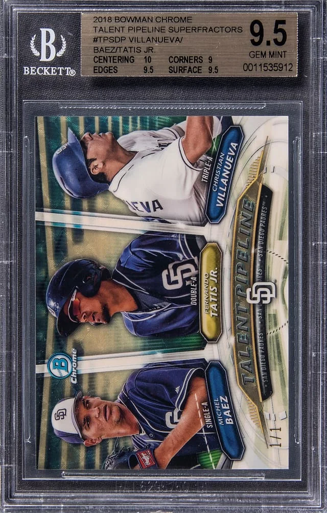 2018 Bowman Chrome Michel Baez, Fernando Tatis Jr, Christian Villanueva Talent Pipeline Superfractor #TP-SDP card image