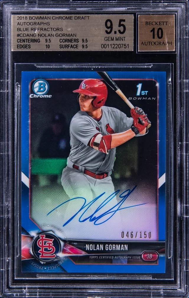 2018 Bowman Chrome Nolan Gorman Autograph Blue Refractor #BDC-NG card image