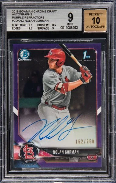 2018 Bowman Chrome Nolan Gorman Autographs Purple Refractor #CDA-BG card image