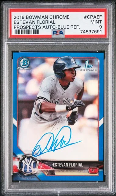 2018 Bowman Chrome Prospects Autographs Blue Refractor Cpaef Estevan Florial #no-number card image