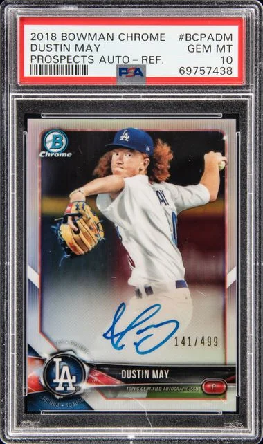 2018 Bowman Chrome Prospects Autographs Refractor Bcpadm Dustin May #no-number card image