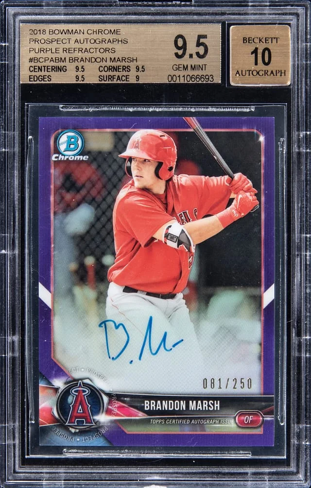 2018 Bowman Chrome Prospects Brandon Marsh Purple Refractors #BCPA-BM card image
