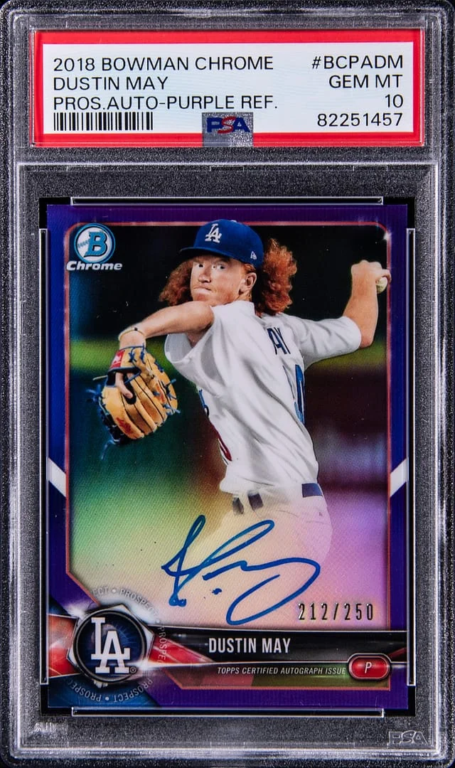 2018 Bowman Chrome Prospects Dustin May Autograph Purple Refractor #BCPA-DM card image
