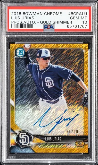 2018 Bowman Chrome Prospects Luis Urias Autographs Gold Shimmer #BCPALU card image