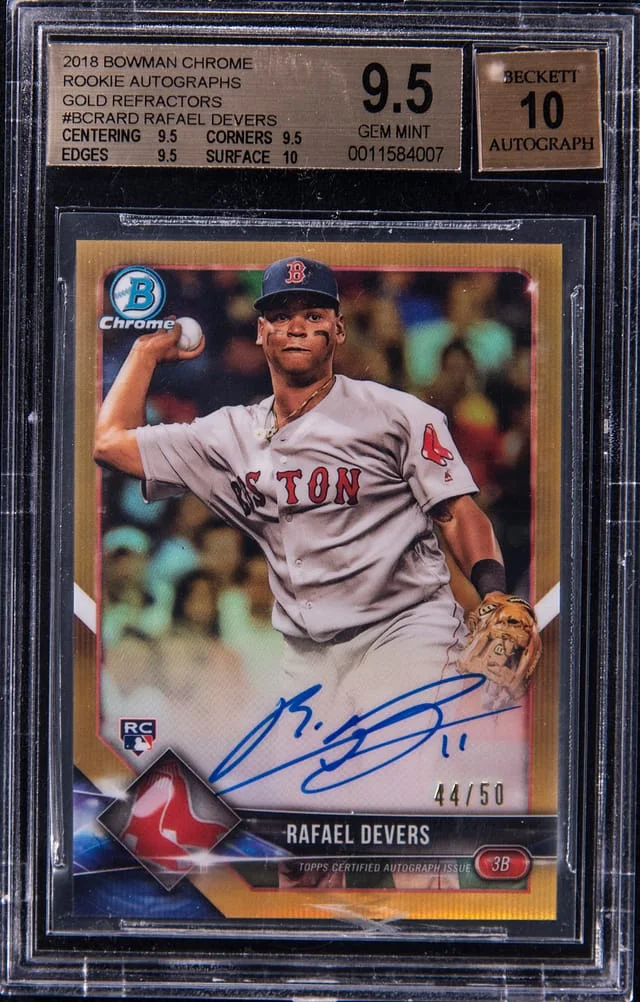 2018 Bowman Chrome Rafael Devers Autograph Gold Refractor #BCRARD card image