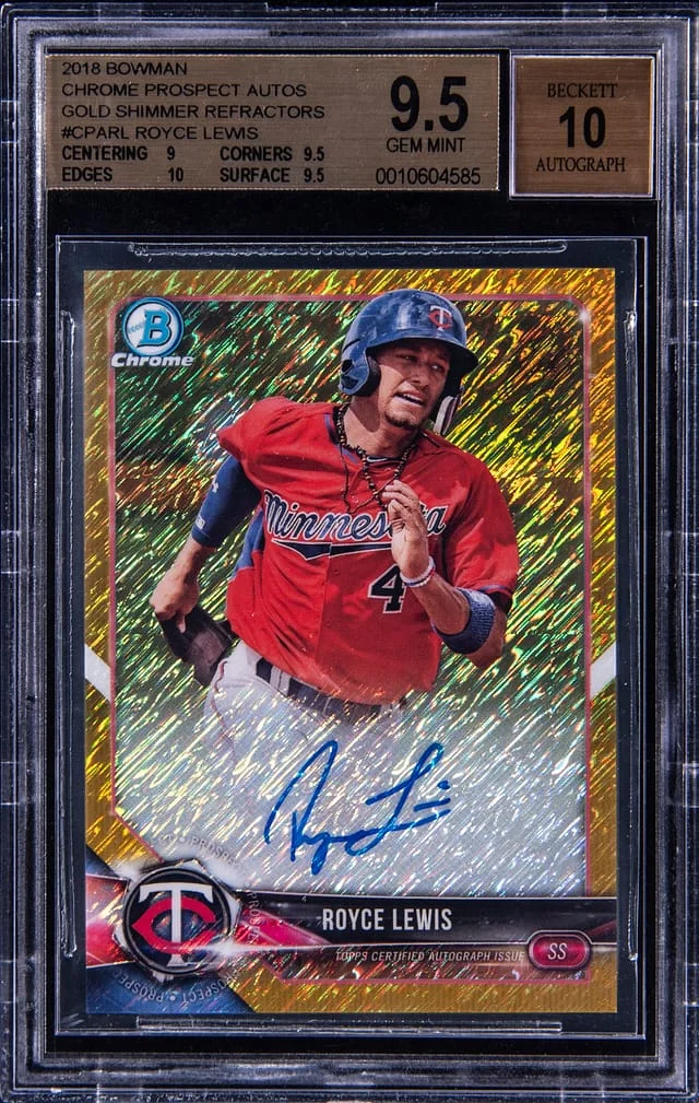 2018 Bowman Chrome Royce Lewis Prospect Autographs Gold Shimmer Refractor #CPARL card image