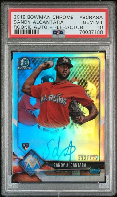 2018 Bowman Chrome Sandy Alcantara Autographs Refractor #BCRASA card image