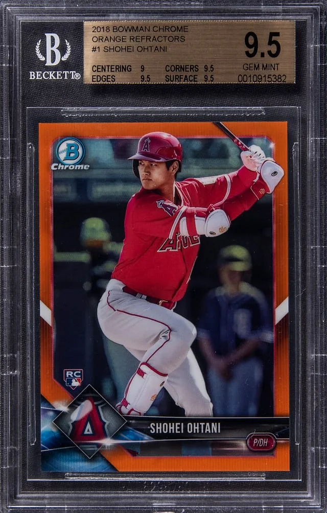 2018 Bowman Chrome Shohei Ohtani – Jersey Number Orange Refractor #1 card image