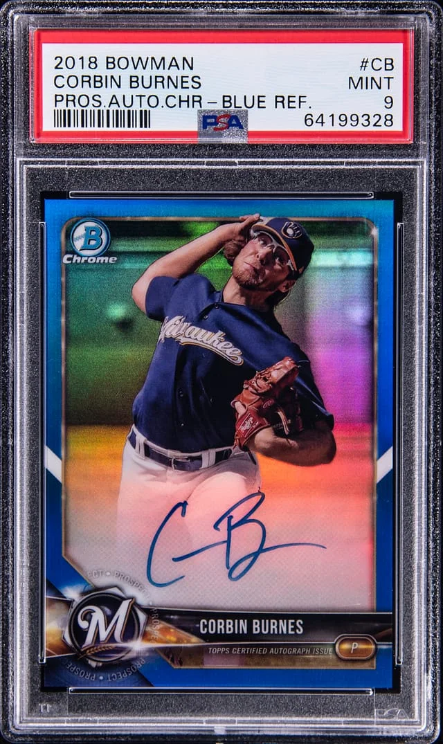2018 Bowman Corbin Burnes Prospects Autograph Chrome Blue Refractor #CPA-CB card image