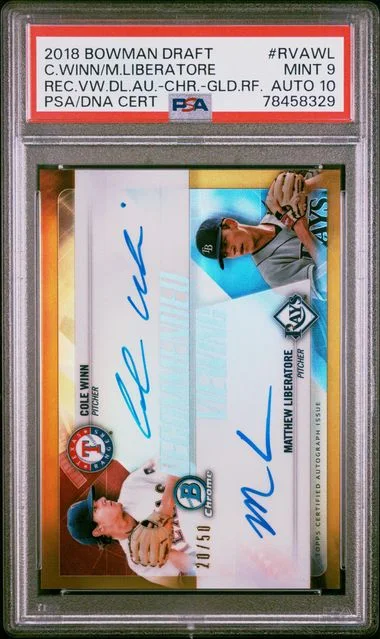 2018 Bowman Draft Cole Winn/Matthew Liberatore Recommended Viewing Dual Autograph Chrome-Gold Refractor #RVAWL card image