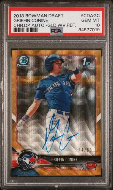 2018 Bowman Draft Griffin Conine Chrome Draft Picks Autographs Gold Wave Refractor #CDAGC card image