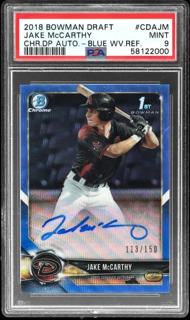 2018 Bowman Draft Jake McCarthy Chrome Draft Picks Autographs Blue Wave Refractor #CDA-JM card image