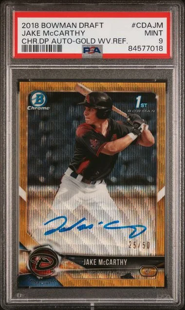 2018 Bowman Draft Jake McCarthy Chrome Draft Picks Autographs Gold Wave Refractor #CDAJM card image