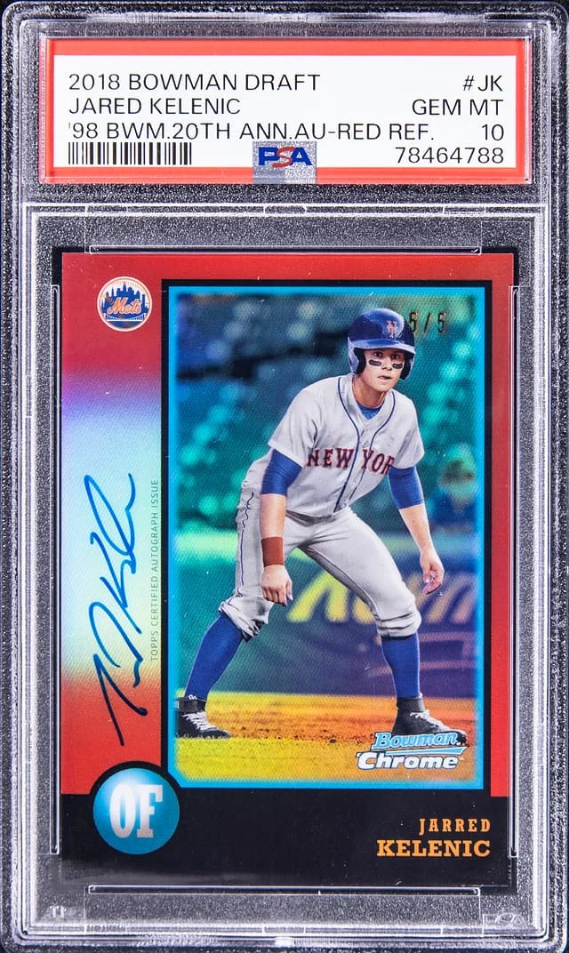 2018 Bowman Draft Jarred Kelenic 98 Bowman 20th Anniversary Autograph Red Refractor #98BA-JK card image