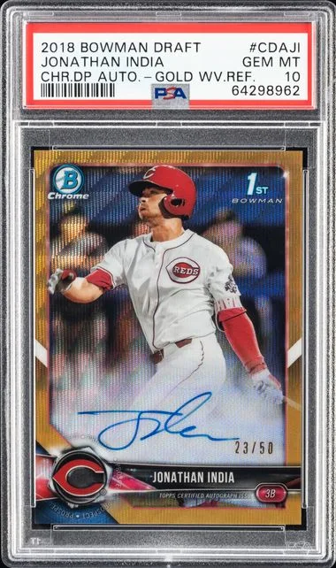 2018 Bowman Draft Jonathan India Chrome Draft Picks Autographs Gold Wave Refractor #CDAJI card image