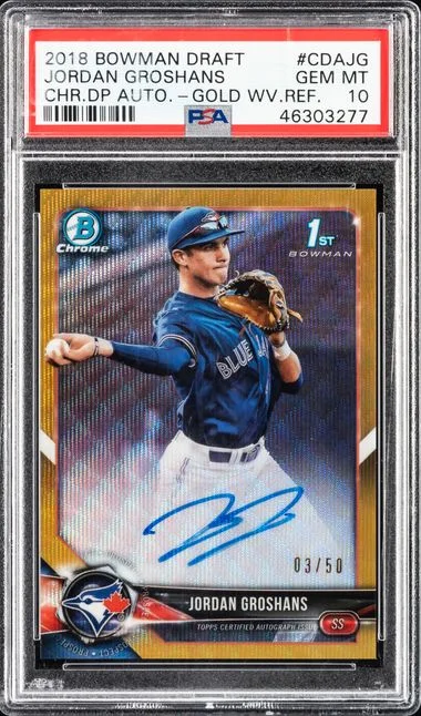 2018 Bowman Draft Jordan Groshans Chrome Draft Picks Autographs Gold Wave Refractor #CDAJG card image