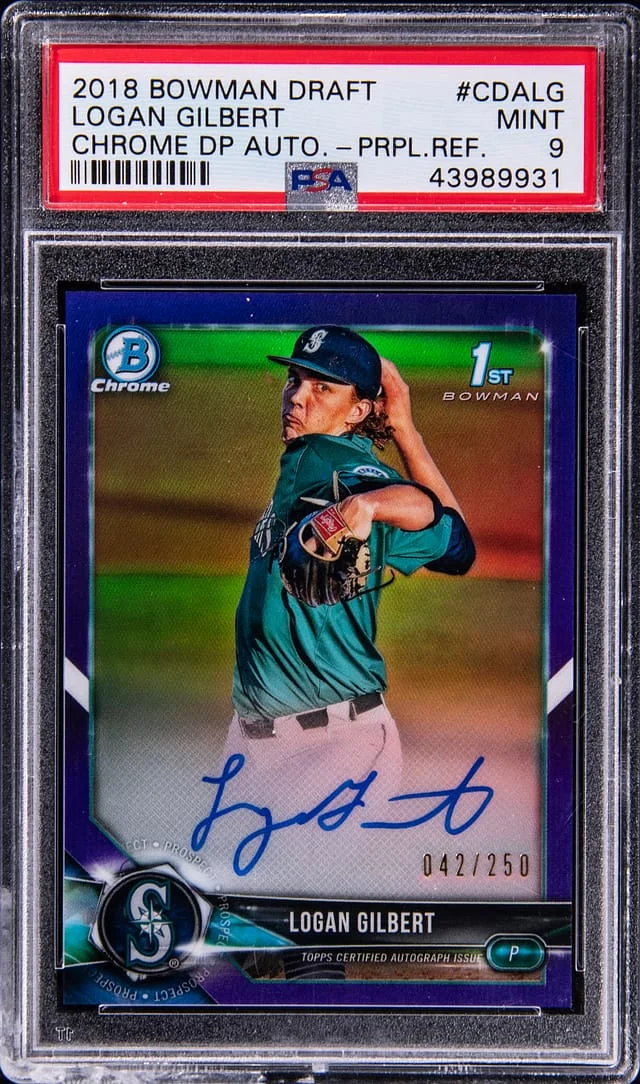 2018 Bowman Draft Logan Gilbert Chrome Draftpicks Autograph Purple Refractor #CDA-LG card image