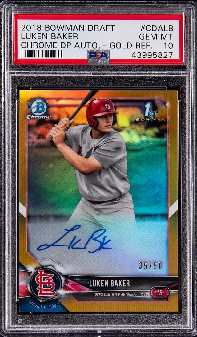 2018 Bowman Draft Luken Baker Chrome Draft Picks Autographs Gold Refractor #CDA-LB card image
